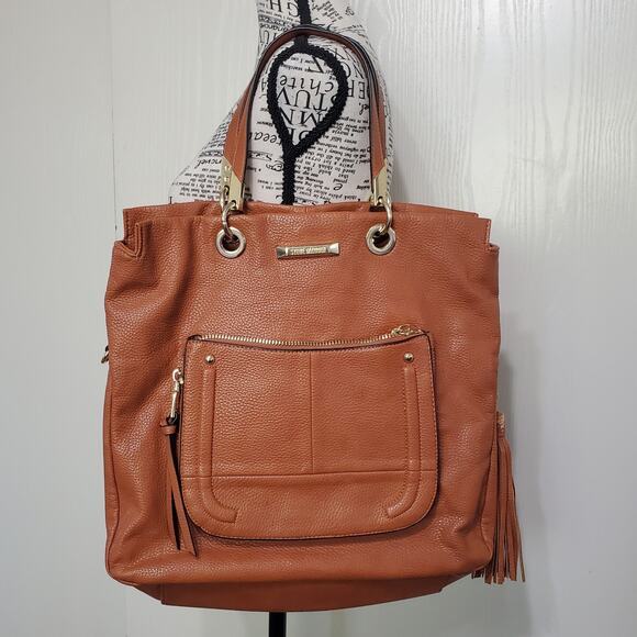 Steve Madden Large Camel Cognac Tote Outside Zip Pocket Gold Hardware - Picture 1 of 13
